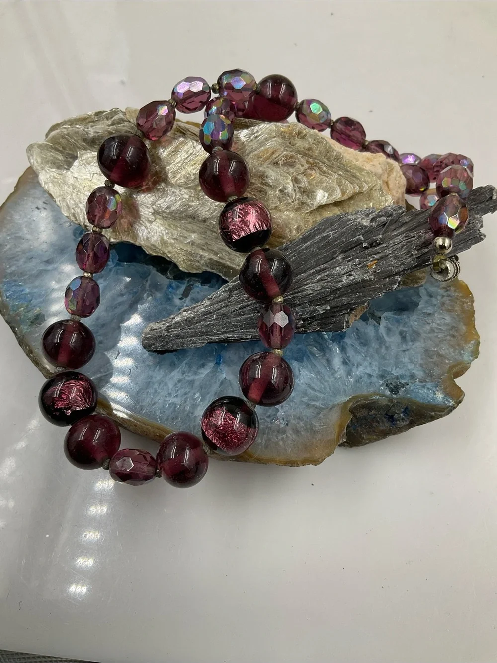16”Deep Purple Round Amethyst Beaded Necklace Gemstones, Faceted Aurora Borealis